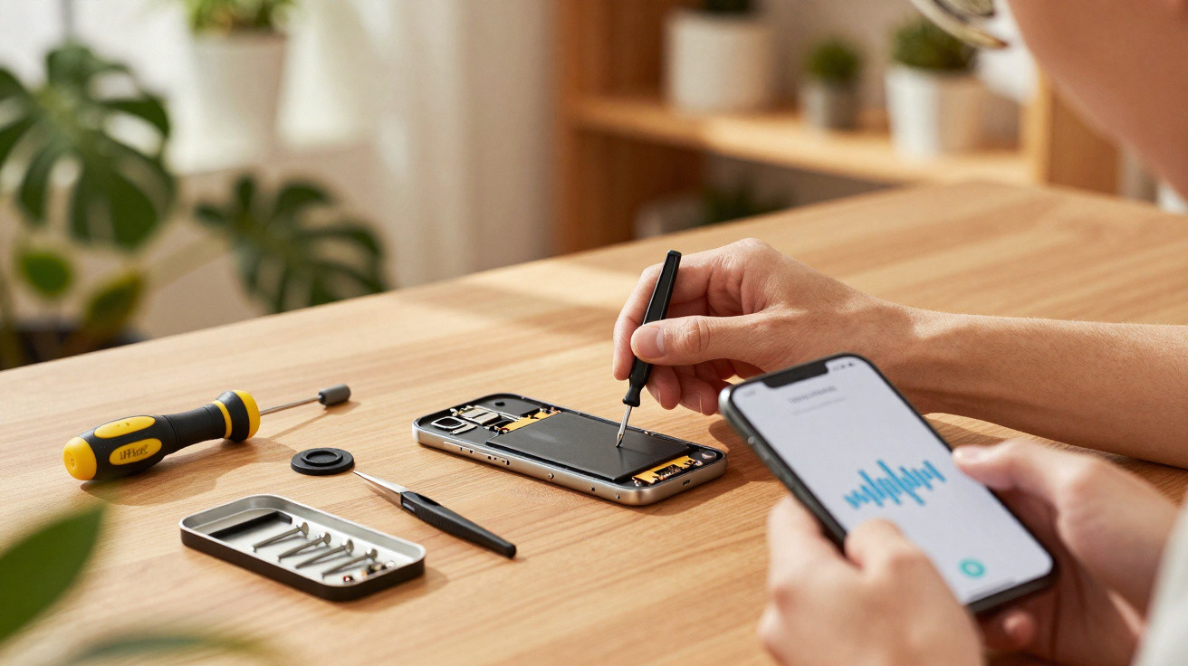 Pessoa a reparar um smartphone com ferramenta e outro smartphone com sinal de áudio na ecrã numa mesa de madeira.
