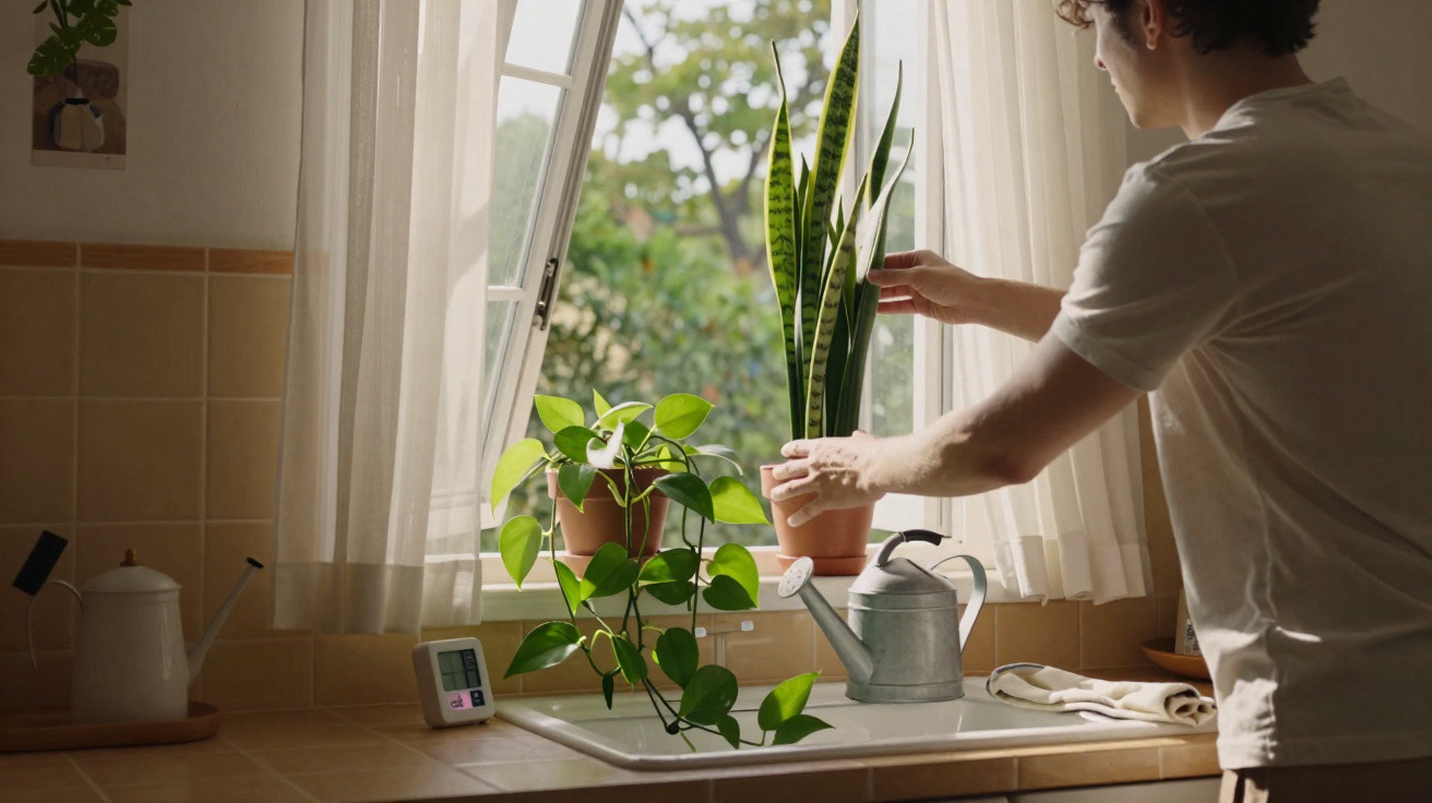 Pessoa a cuidar de plantas junto a uma janela aberta numa cozinha com luz natural suave.