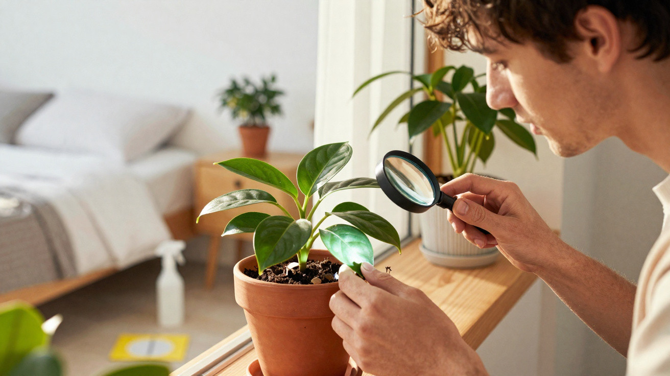 Homem a observar planta em vaso junto à janela usando duas lupas para examinar as folhas.