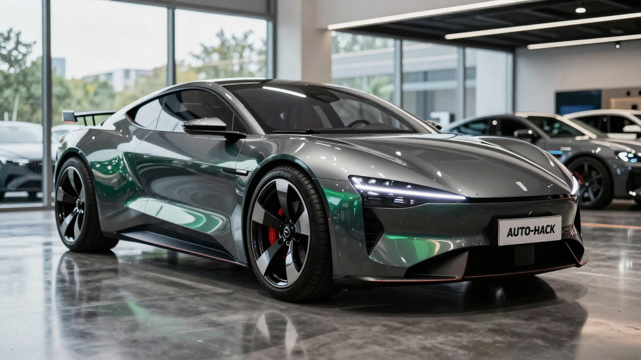 Carro desportivo elétrico cinzento em exposição num salão automóvel moderno e iluminado.