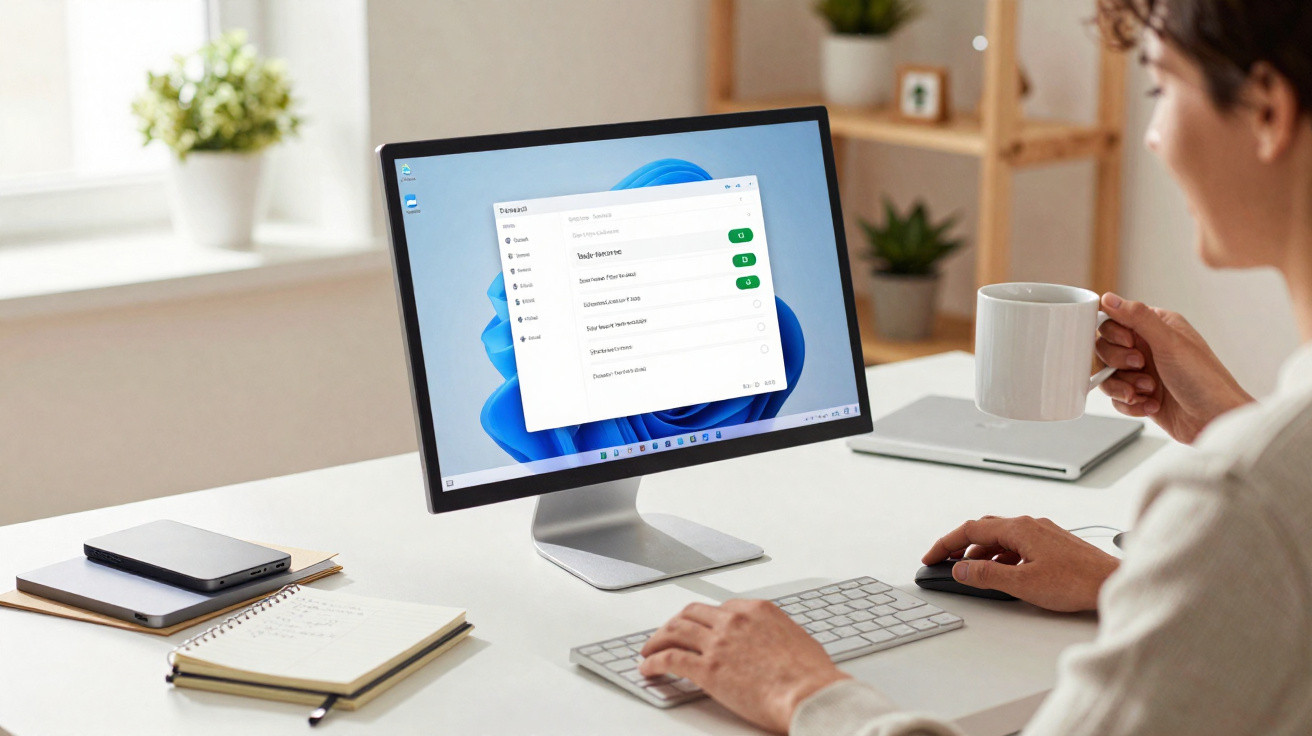 Pessoa a usar computador de secretária com sistema operativo Windows 11 numa mesa organizada.