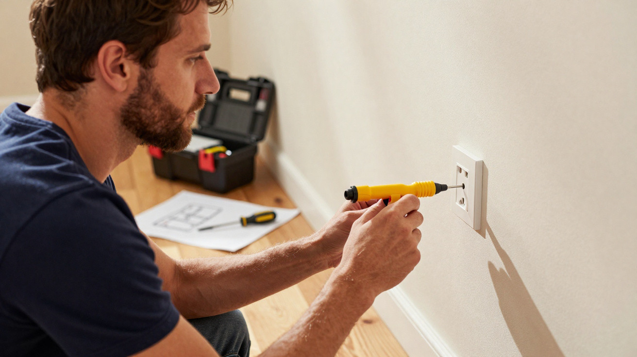 Homem a reparar uma tomada elétrica na parede com uma chave de fendas, caixa de ferramentas e sofá ao fundo.