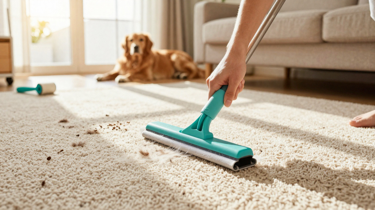 Pessoa a limpar pelo de cão num tapete com um rolo removedor de pêlos azul, cão dourado ao fundo.