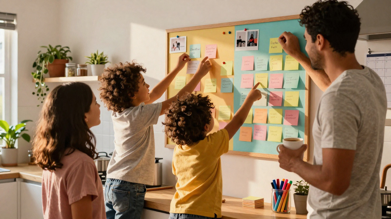 Família a organizar notas coloridas num quadro de cortiça numa cozinha iluminada e acolhedora.