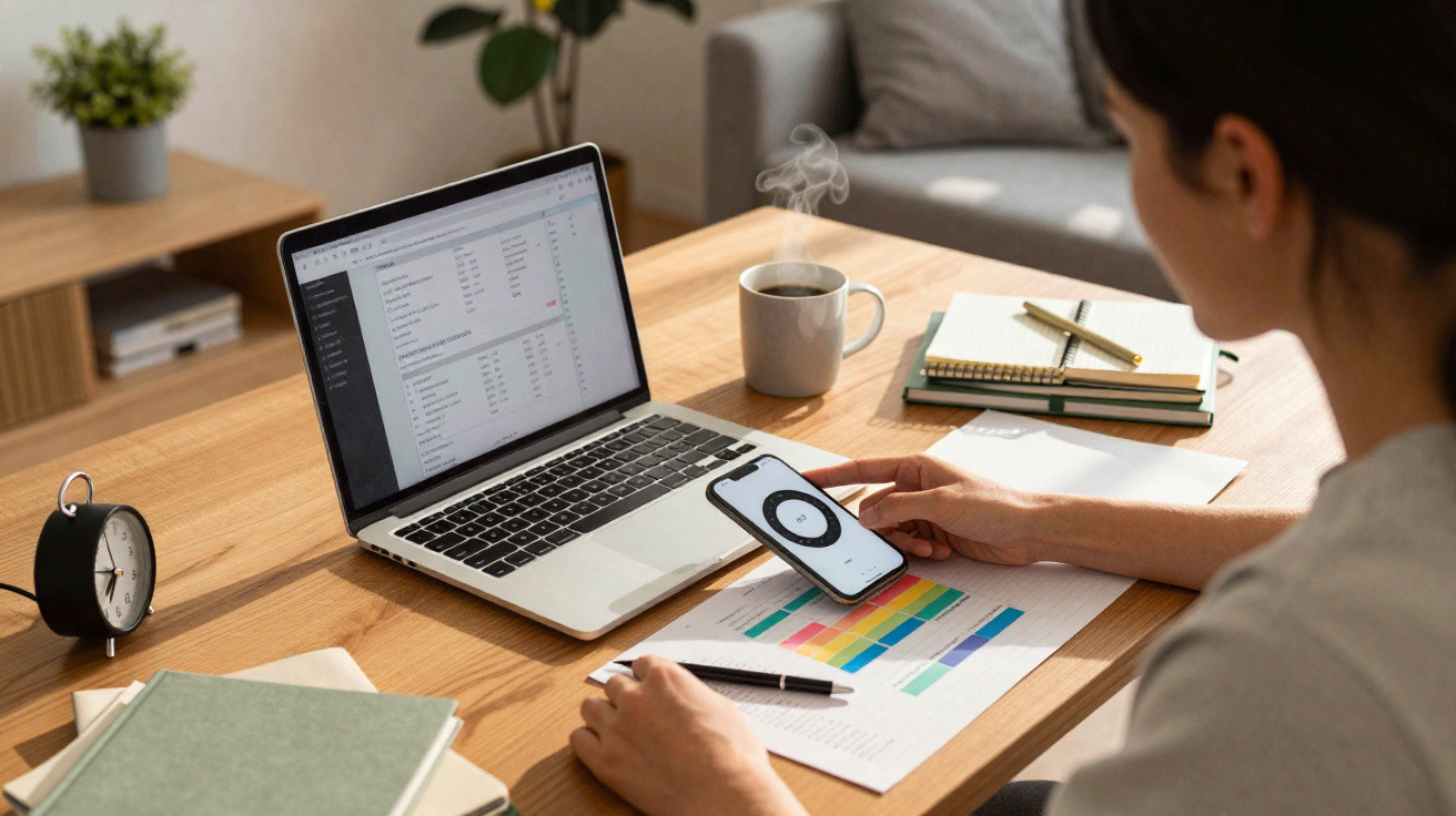 Pessoa a trabalhar em computador portátil, a carregar telemóvel num ambiente de escritório com café e caderno.