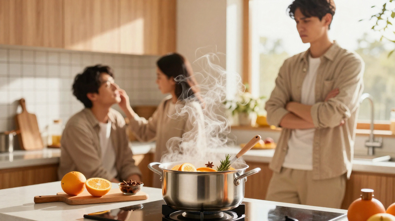 Pessoa a cozinhar infusão com especiarias e laranja num tacho enquanto duas pessoas conversam na cozinha.