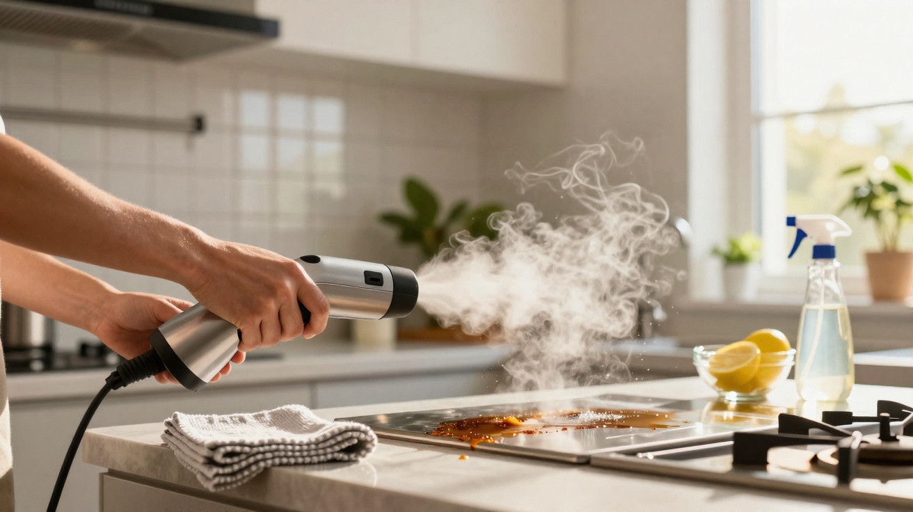 Pessoa a limpar um fogão a gás com um aparelho de vapor numa cozinha moderna e iluminada.