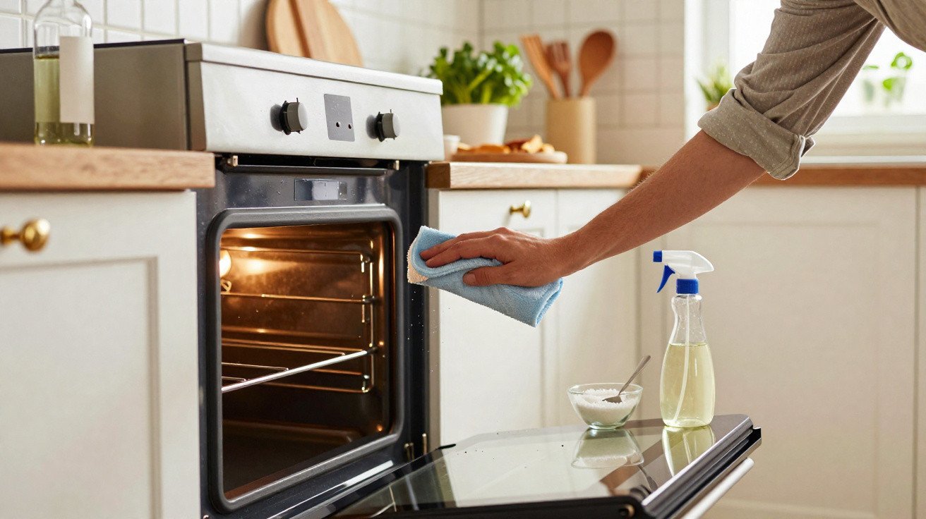 Pessoa a limpar o interior de um forno aberto na cozinha com um pano e um pulverizador ao lado.
