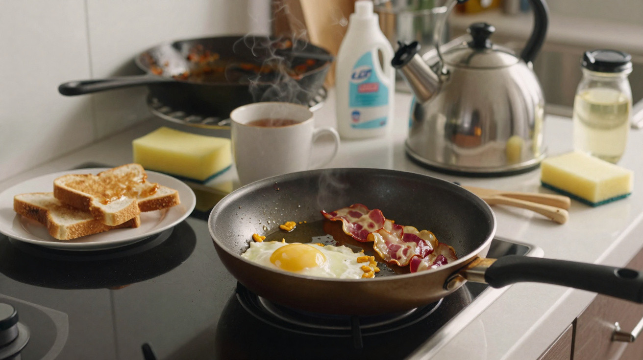 Frigideira no fogão a cozinhar ovos estrelados e bacon, com torradas e chá ao lado.