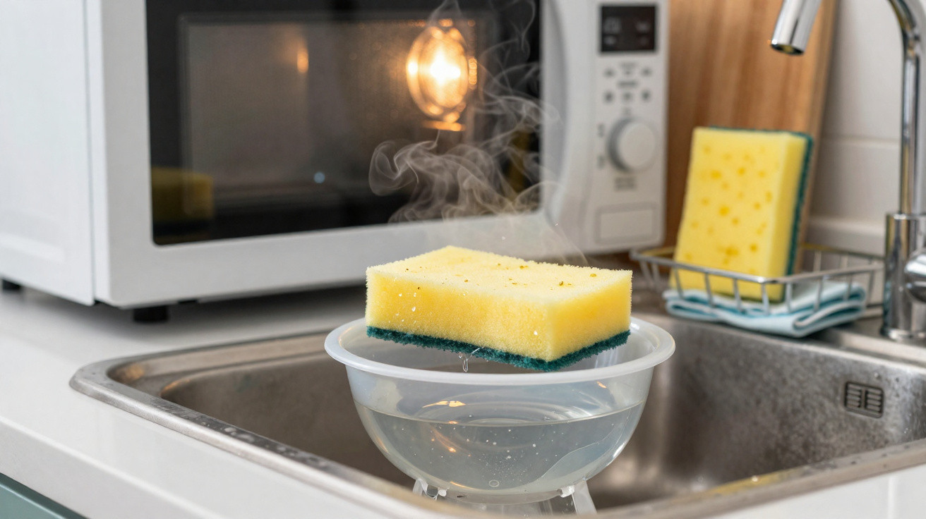 Esponja amarela a libertar vapor dentro de uma tigela branca perto de lava-loiças e micro-ondas na cozinha.