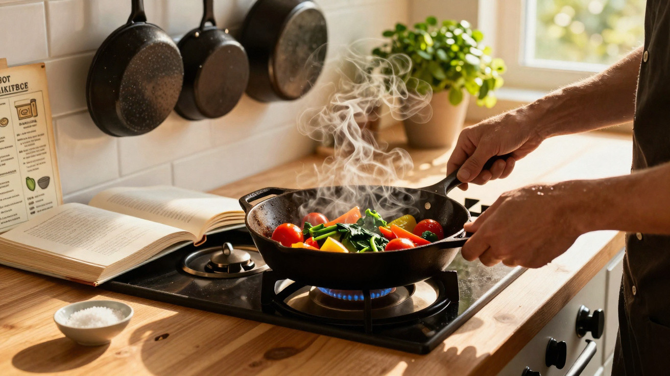 Pessoa a cozinhar legumes frescos numa frigideira sobre fogão a gás numa cozinha luminosa.