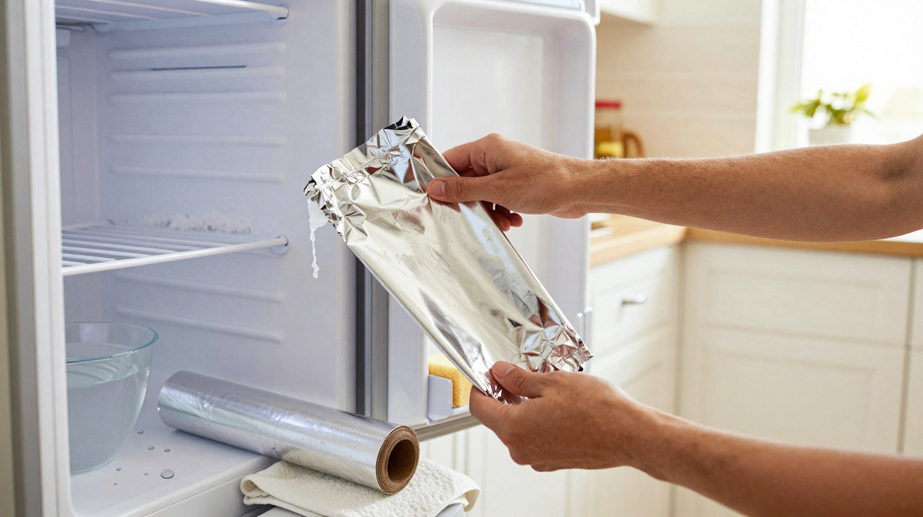 Mãos masculinas a colocar alimento embrulhado em papel de alumínio dentro do frigorífico branco numa cozinha iluminada.
