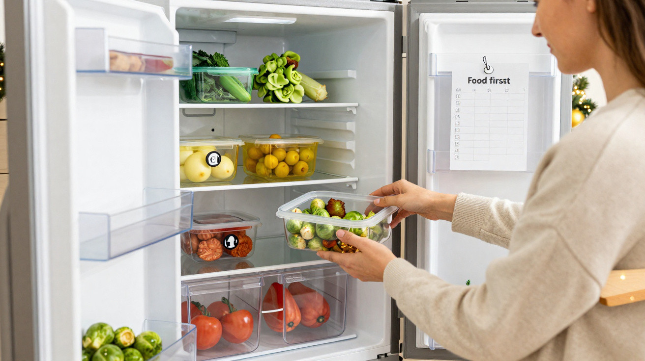 Pessoa a organizar legumes e frutas em recipientes transparentes dentro de um frigorífico branco aberto.
