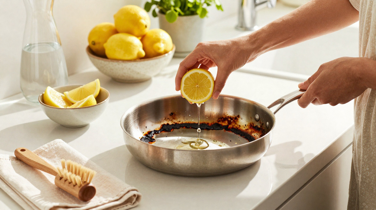 Mão a espremer um limão sobre uma frigideira que está na bancada da cozinha com limões em taças ao fundo.