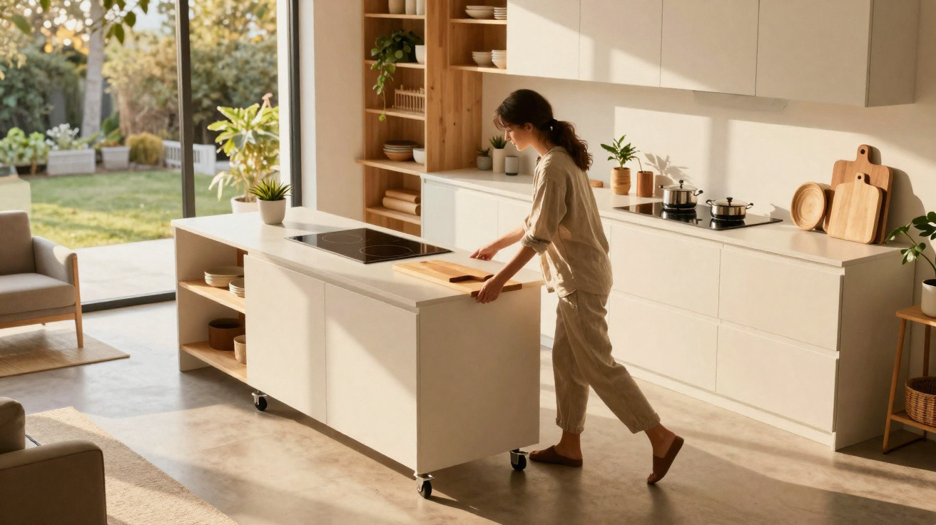 Mulher a mover uma ilha de cozinha moderna de madeira clara e armários brancos para junto da luz natural.