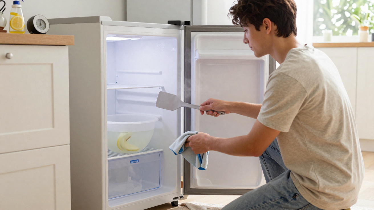 Homem a descongelar e limpar um frigorífico pequeno branco numa cozinha moderna.