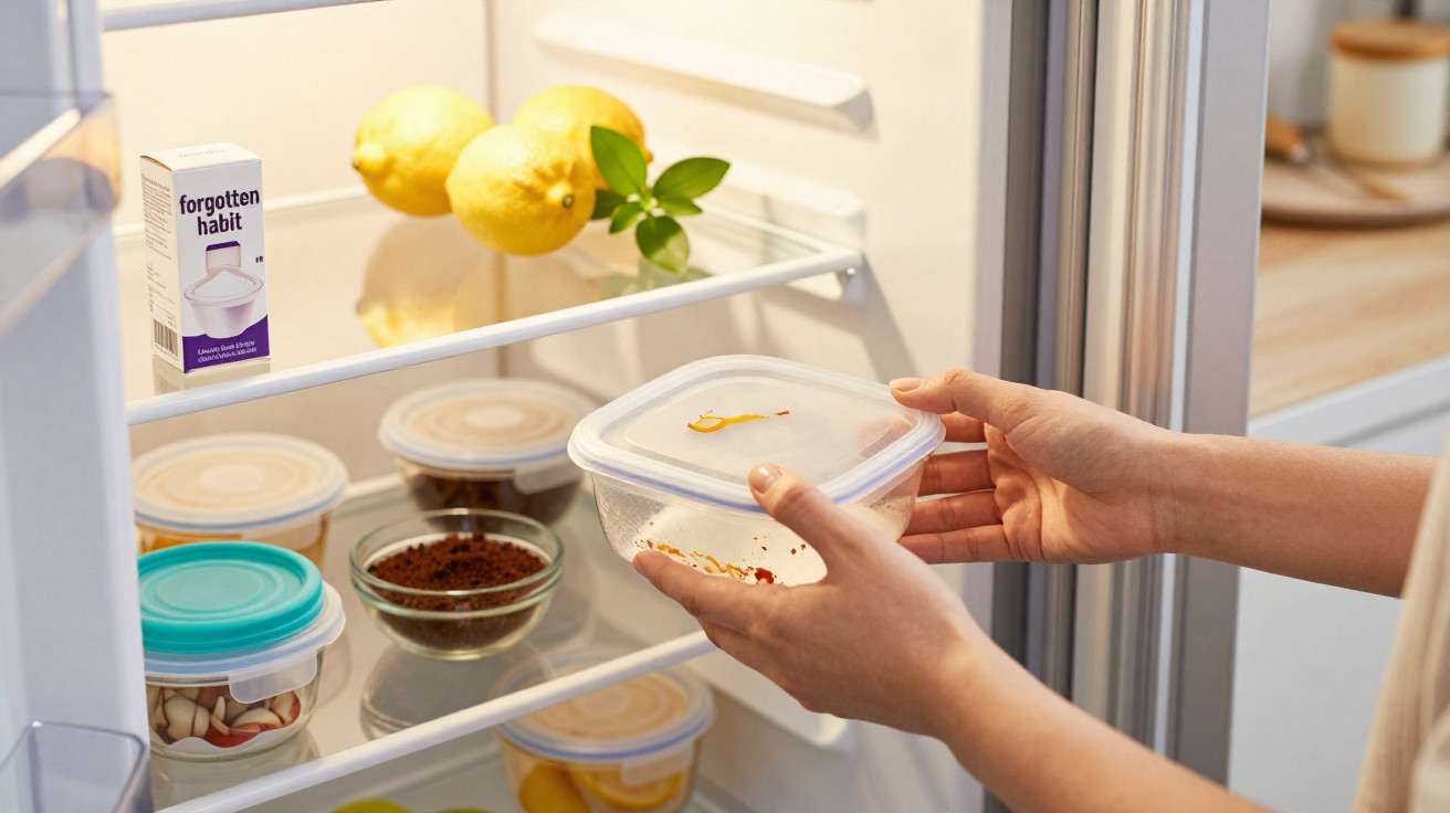 Mãos a colocar recipiente de plástico com comida no frigorífico com limões e outras embalagens visíveis.