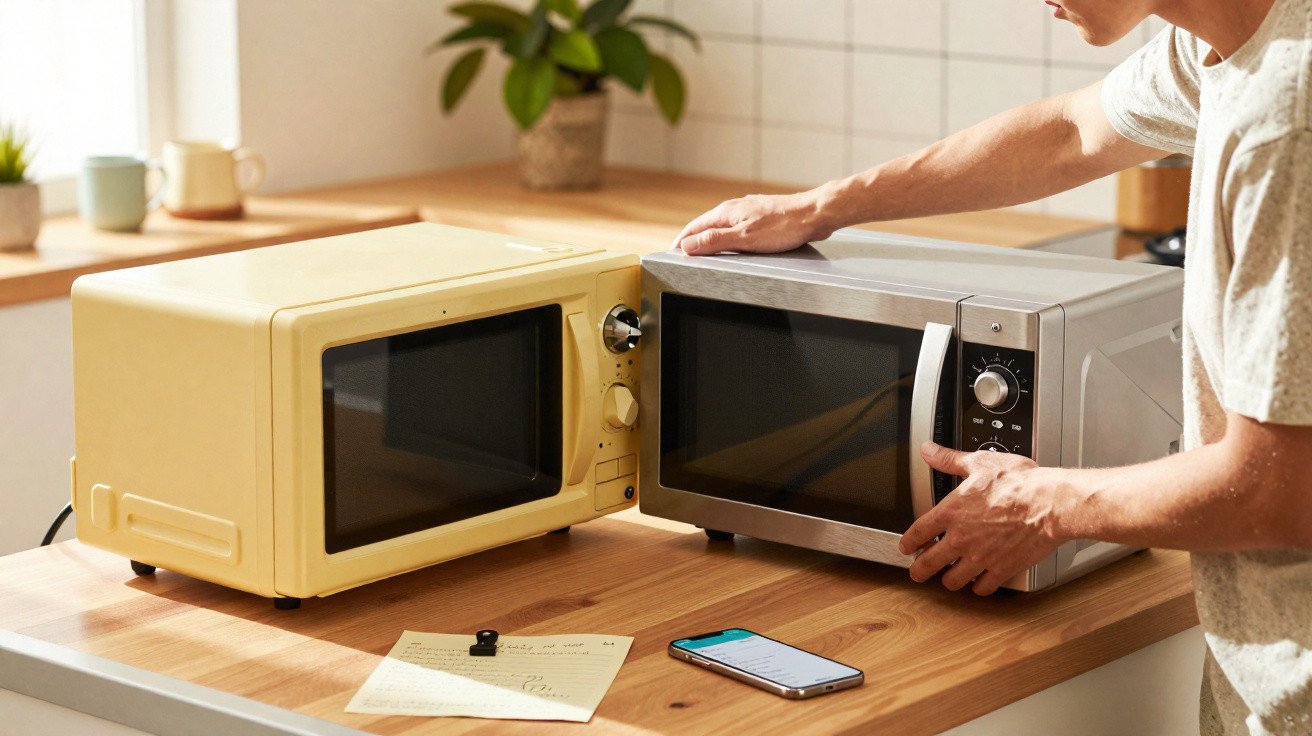 Pessoa numa cozinha a mexer num micro-ondas amarelo sobre bancada de madeira, com outro micro-ondas metálico ao lado.