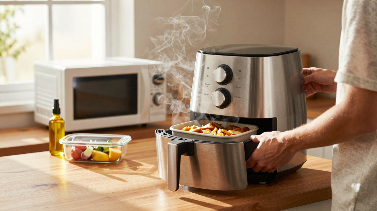 Pessoa a retirar tabuleiro fumegante com comida de fritadeira elétrica numa cozinha moderna.