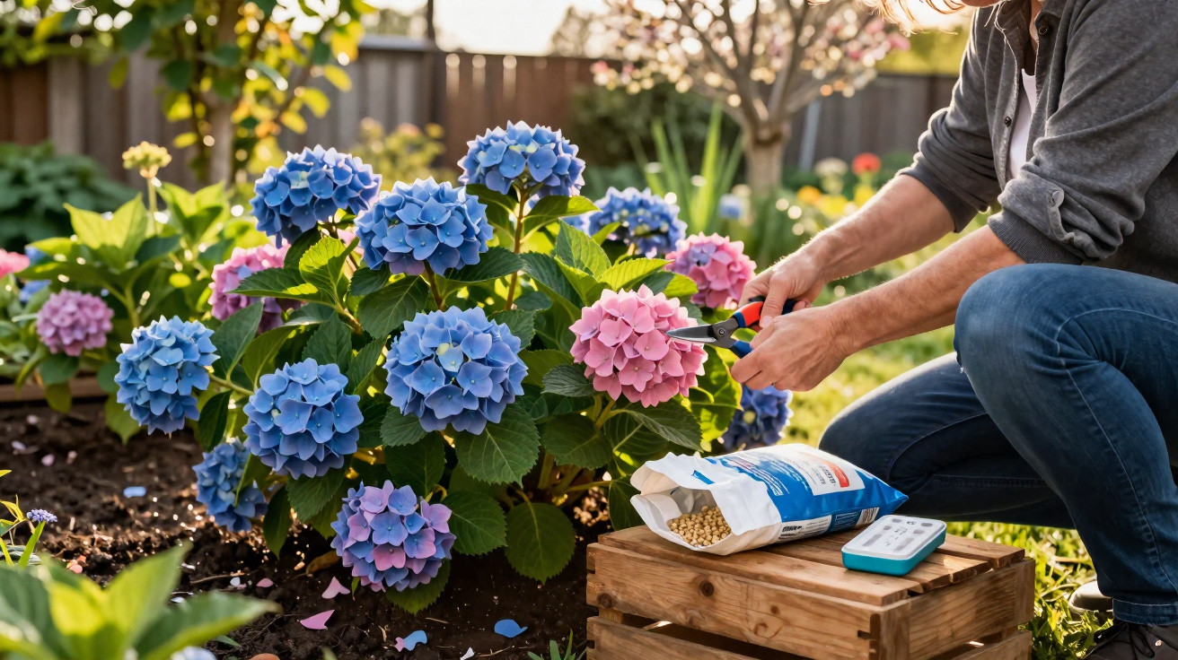 Pessoa a cuidar de flores hortênsias azuis e cor-de-rosa num jardim ao pôr do sol.