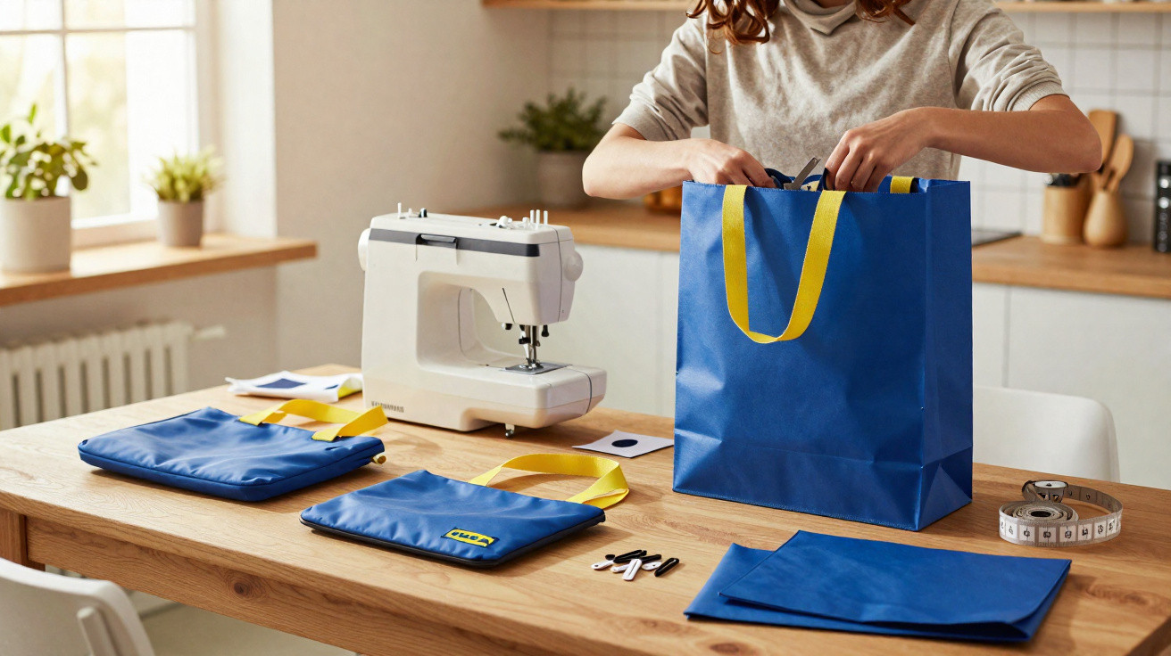 Mulher a personalizar sacos IKEA azuis numa cozinha moderna com máquina de costura e materiais espalhados na mesa.