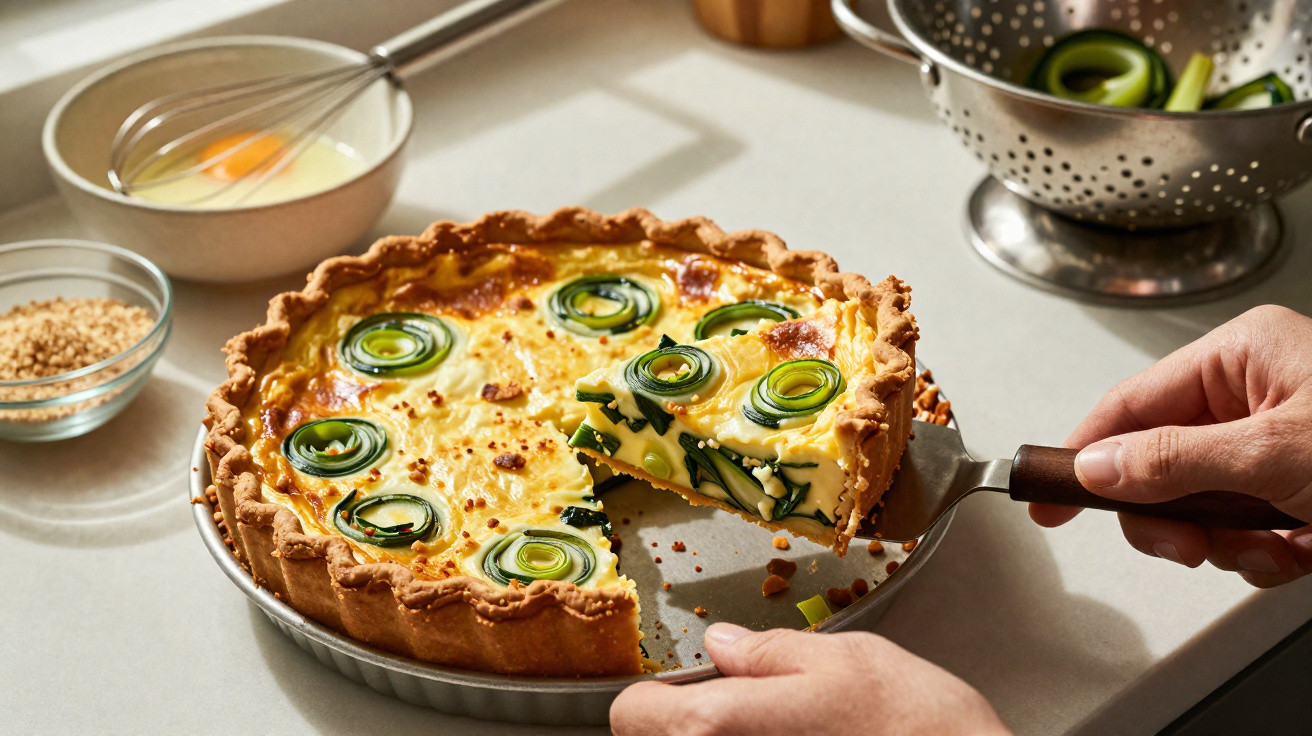 Tarte salgada com espirais de courgette, cortada e pronta a servir numa mesa de cozinha.