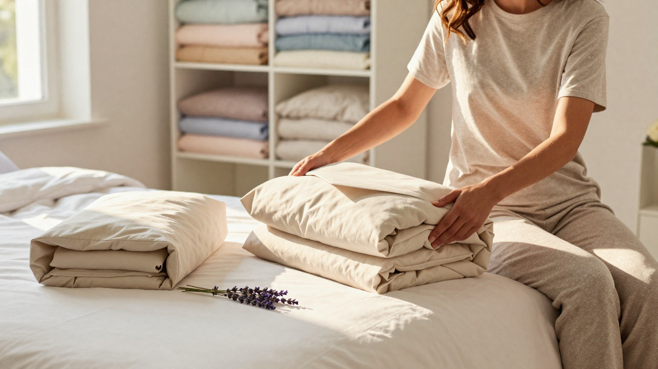 Mulher dobra roupa de cama bege sentada em cama, com prateleira de toalhas ao fundo iluminada pela janela.