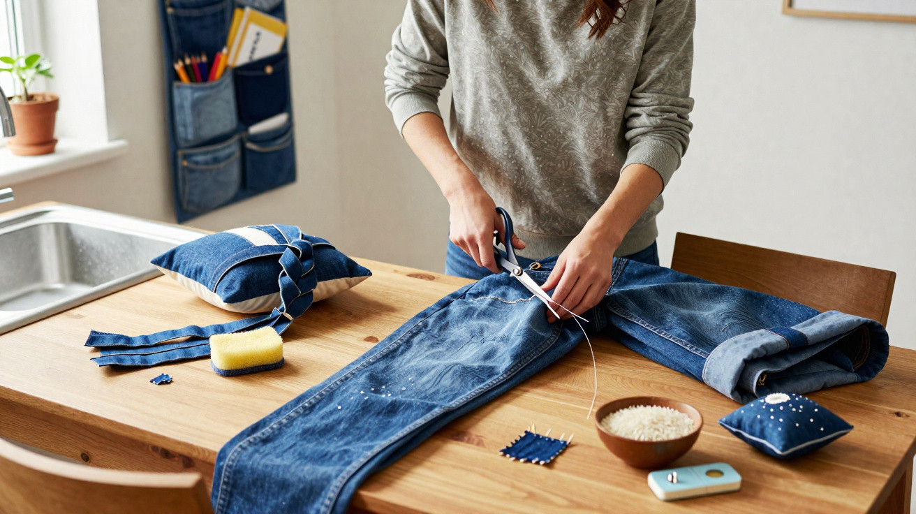 Pessoa a cortar jeans com tesoura para fazer reciclagem ou reparação de roupa numa mesa de madeira.