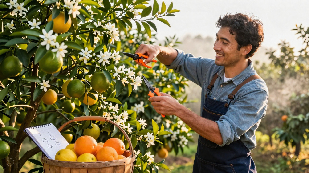 Homem colhendo flores de laranjeira com tesoura, cesto com frutas e caderno na mesa ao lado.