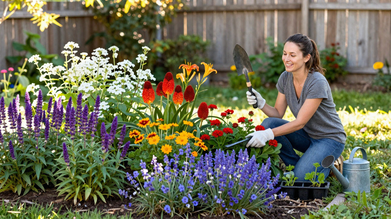 Mulher sorridente a cuidar de flores coloridas num jardim soleado com ferramentas de jardinagem.