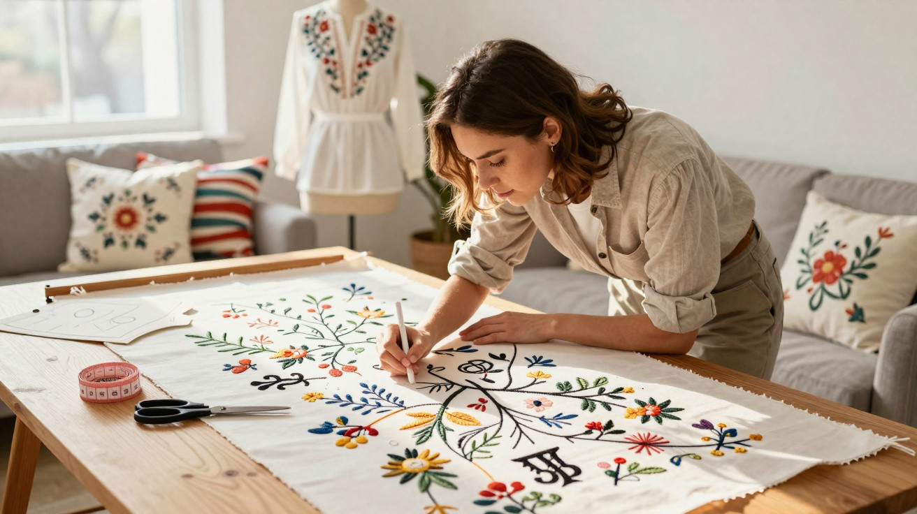 Mulher a desenhar padrões florais coloridos num tecido branco numa mesa de madeira, num ambiente iluminado.