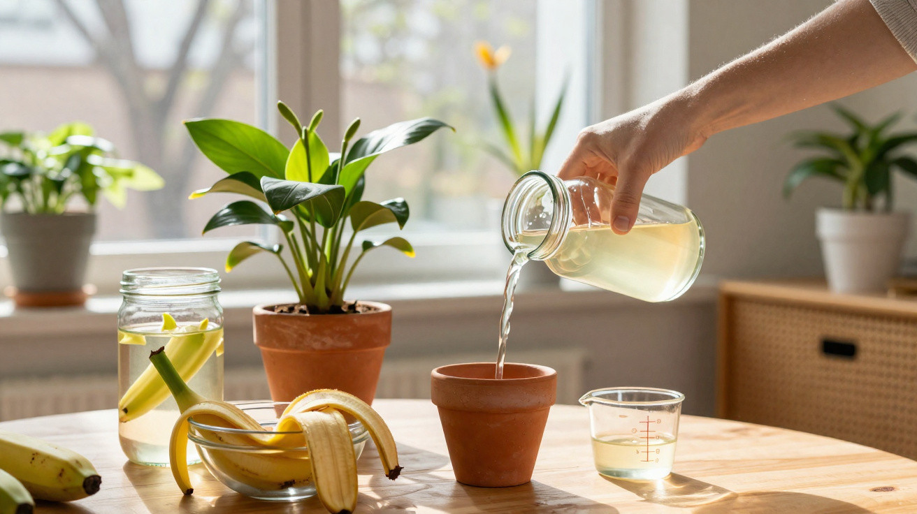 Pessoa a verter bebida num jarro para um copo de vidro com paus de canela, numa mesa com bananas e plantas.