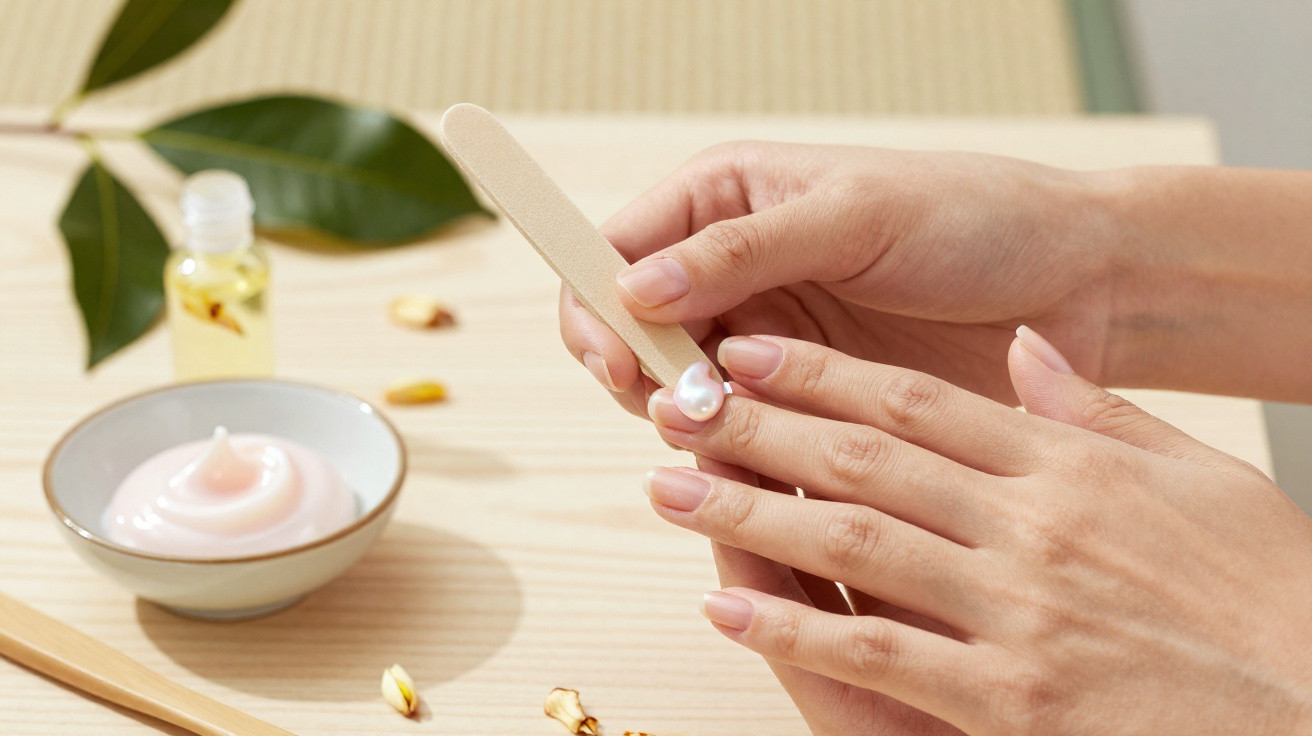 Mãos femininas aplicam creme hidratante numa espátula com frasco de óleo e creme ao fundo sobre superfície de madeira.