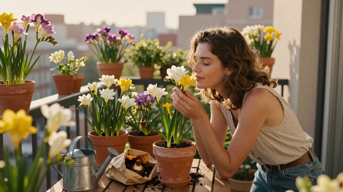 Mulher a cheirar flores brancas num vaso num terraço com mais flores ao entardecer.