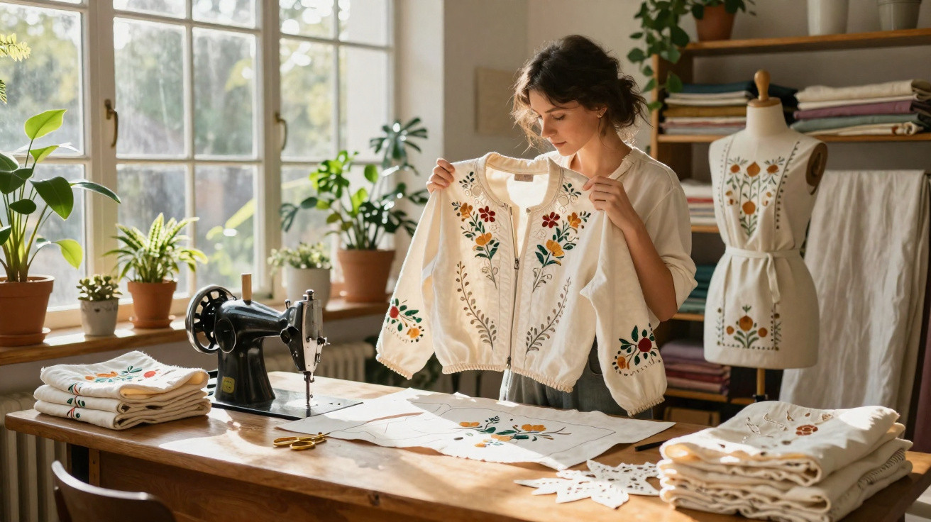 Mulher a segurar blusa bordada em estúdio de costura com máquina de costura e tecidos ao redor.