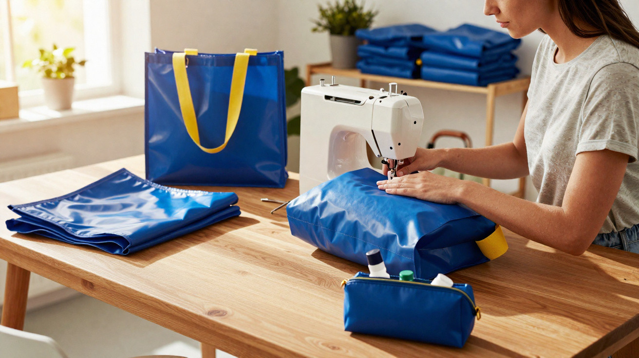 Pessoa a coser bolsa azul com alças amarelas em máquina de costura numa mesa de madeira.