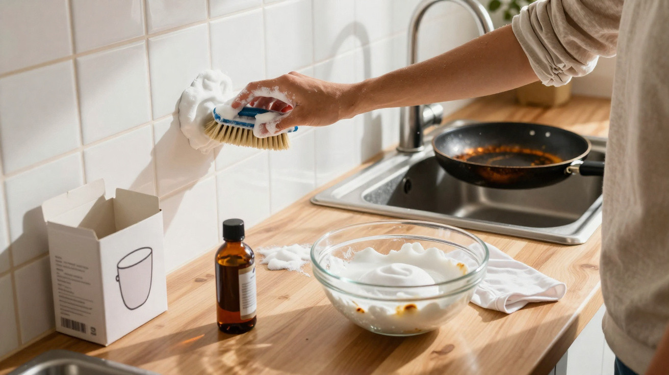 Pessoa a preparar pasta de limpeza com escova para lavar t-shirt manchada numa cozinha.
