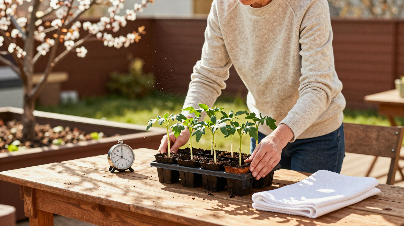 Pessoa a transplantar plantas jovens em tabuleiro num jardim com relógios de temperatura numa mesa de madeira.