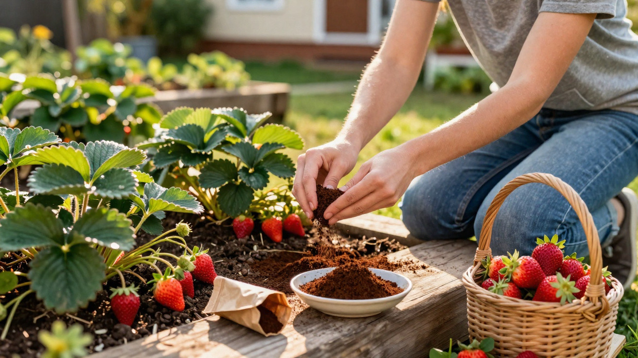 Pessoa a cuidar de plantas de morangos num jardim com morangos frescos numa cesta ao lado.