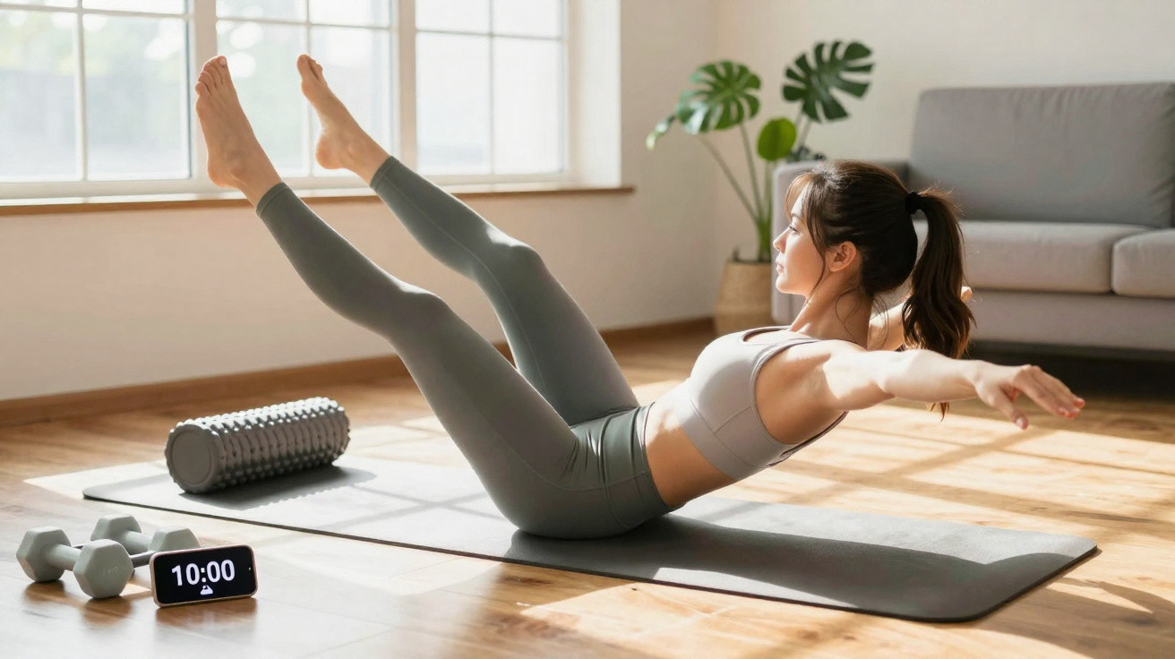 Mulher a fazer exercício de pilates em tapete, com halteres, rolo de espuma e relógio digital à frente.
