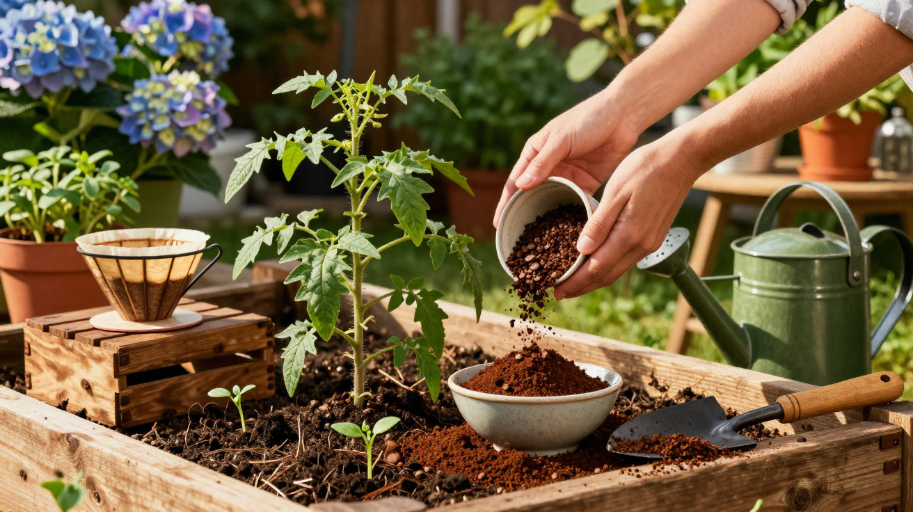 Mãos a colocar adubo numa caixa de madeira com plantas e flores num jardim ensolarado.