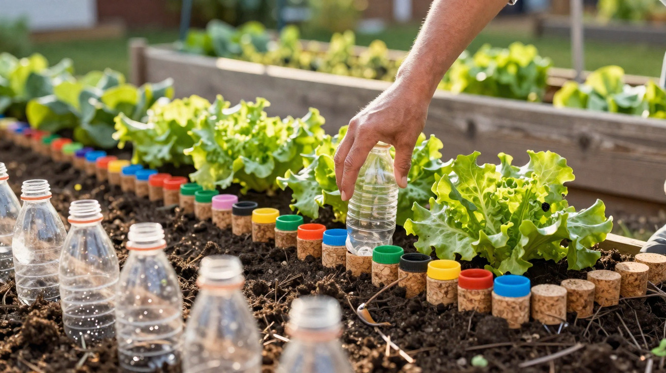 Horta com plantas e fileira de garrafas de plástico e rolhas coloridas organizadas na terra.