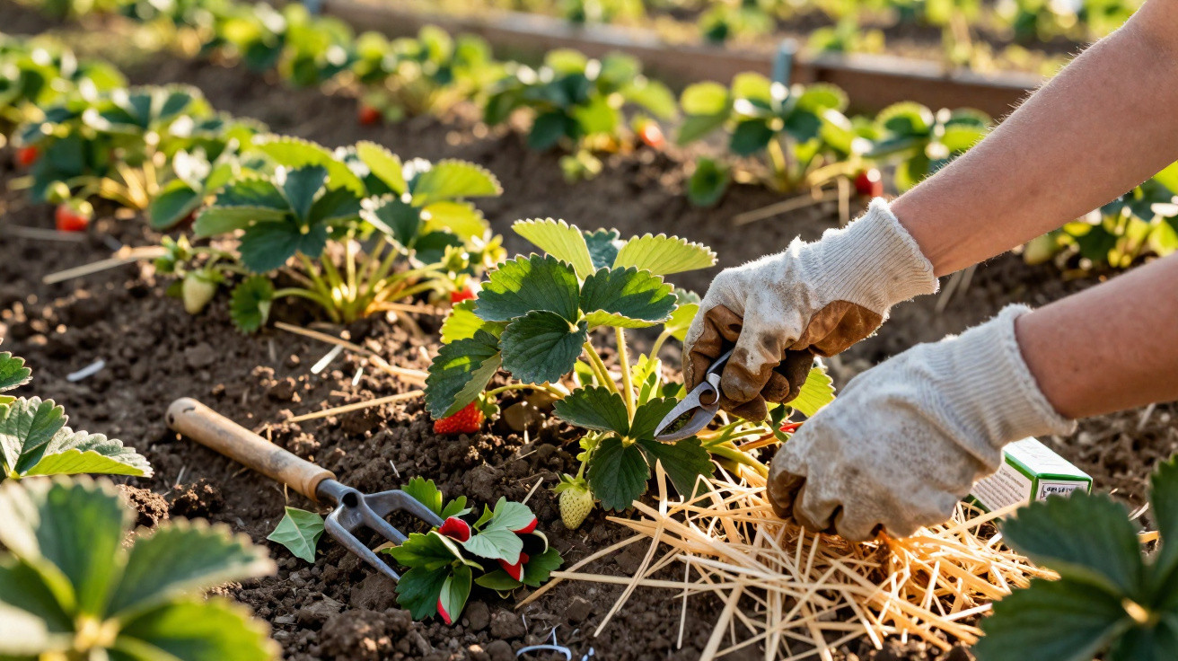 Pessoa a colher morangos maduros numa plantação, usando luvas e ferramentas de jardinagem.