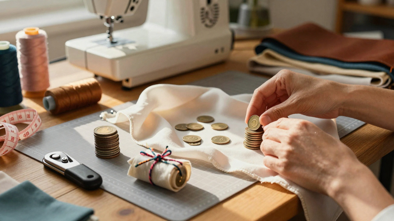 Mãos a contar moedas sobre tecido junto a máquina de costura, fita métrica e linhas numa mesa de madeira.