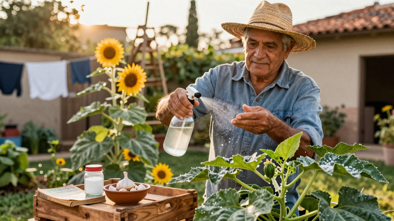 Homem idoso com chapéu rega plantas e gira-sóis num jardim ensolarado.