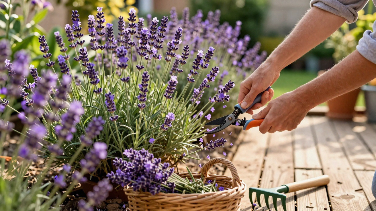 Pessoa a colher flores de lavanda com tesoura de poda em jardim ensolarado.