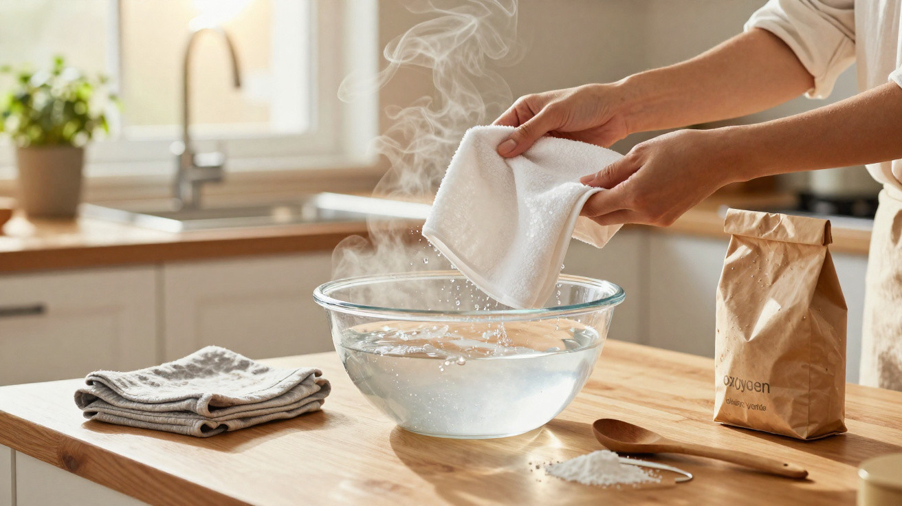 Mão a mergulhar um pano branco num recipiente de vidro com água quente e vapor numa cozinha.