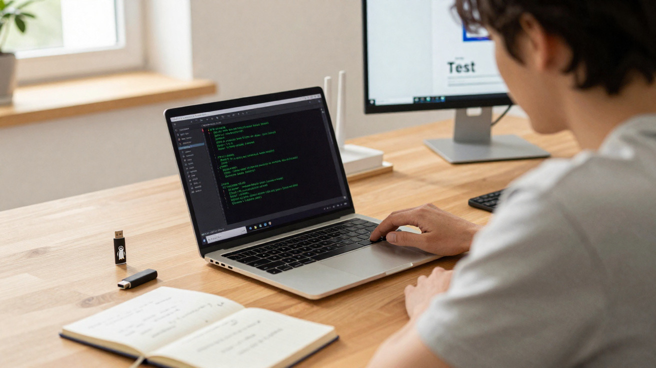 Pessoa a programar código num computador portátil com computador e caderno numa mesa de madeira clara.