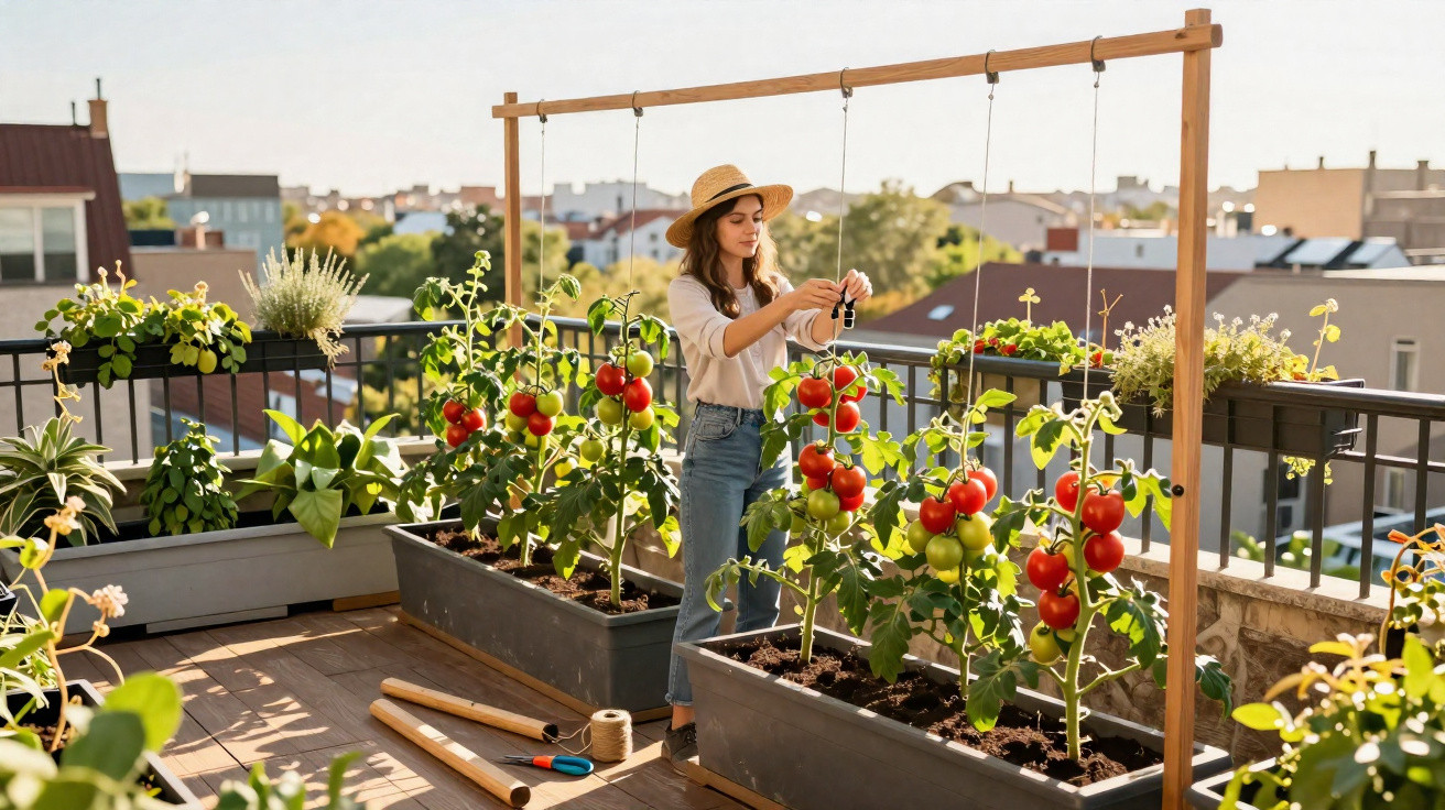 Mulher com chapéu a cuidar de plantas de tomateiros com frutos maduros e verdes numa varanda urbana.