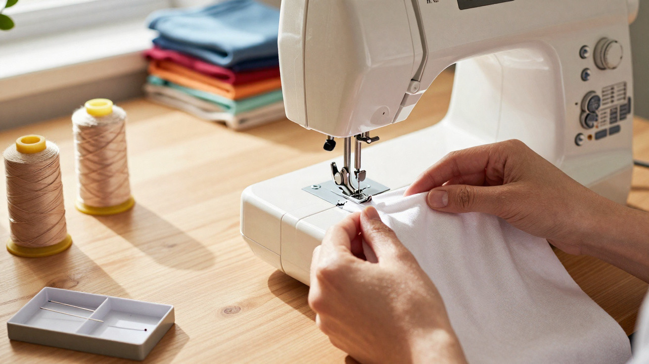 Pessoa a coser tecido branco numa máquina de costura branca sobre uma mesa de madeira clara.